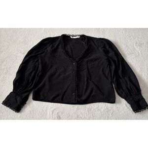 Zara Blouse Womens Size XS Black V Neck Button Up Scallop‎ Hem